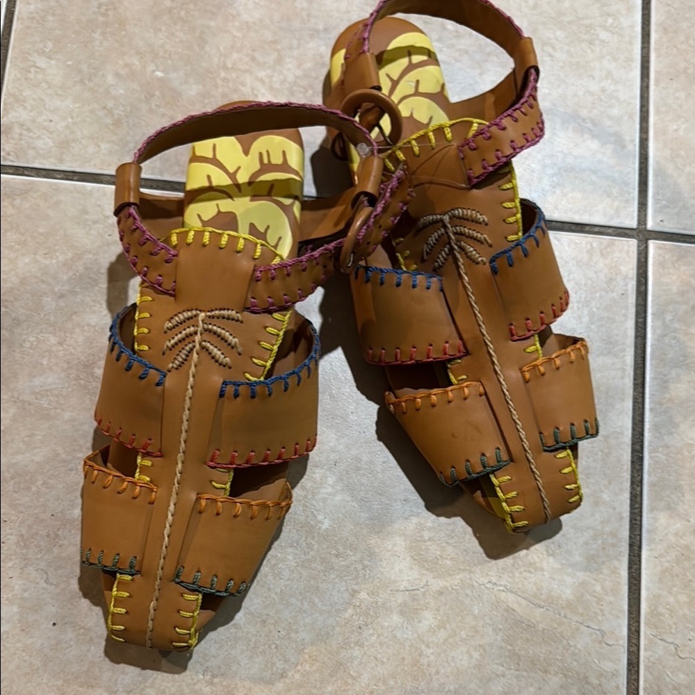Farm rio Sz 9 Colorful whipstitch palm tree Stitched Leather Sandals - Picture 2 of 6